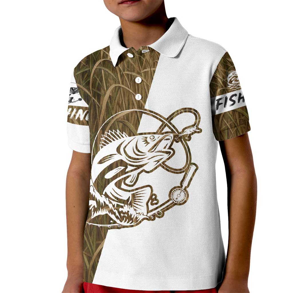Walleye Fishing Kid Polo Shirt with Reeds Background and Custom Name Design - Wonder Print Shop