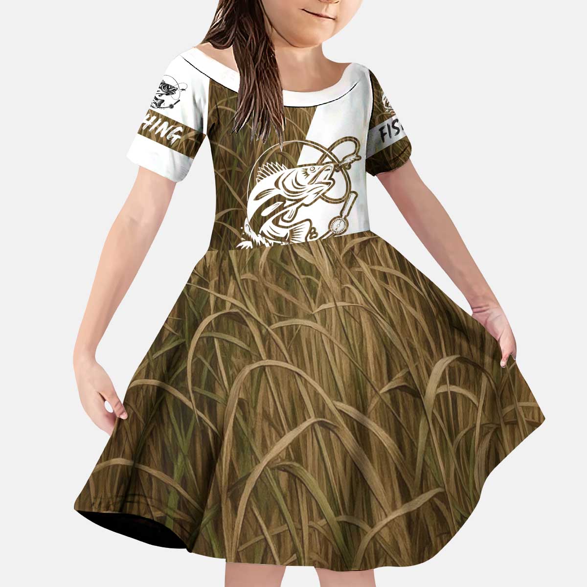 Walleye Fishing Kid Short Sleeve Dress with Reeds Background and Custom Name Design - Wonder Print Shop
