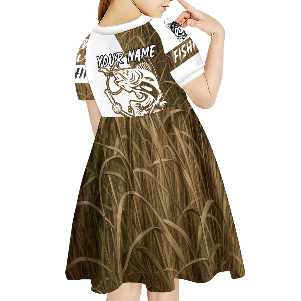Walleye Fishing Kid Short Sleeve Dress with Reeds Background and Custom Name Design - Wonder Print Shop
