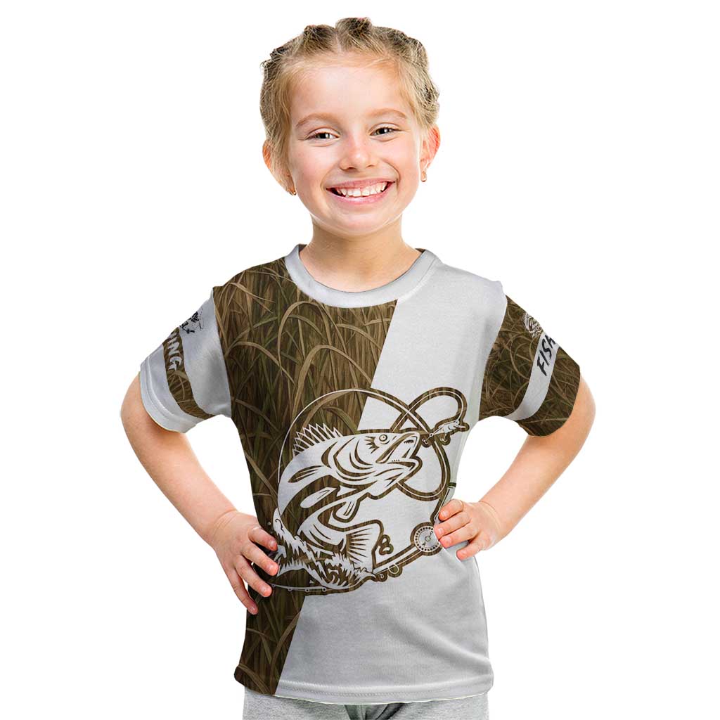 Walleye Fishing Kid T Shirt with Reeds Background and Custom Name Design - Wonder Print Shop