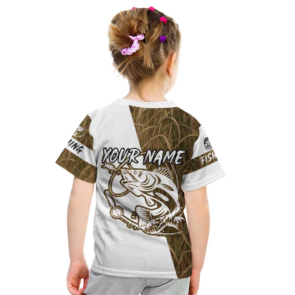 Walleye Fishing Kid T Shirt with Reeds Background and Custom Name Design - Wonder Print Shop