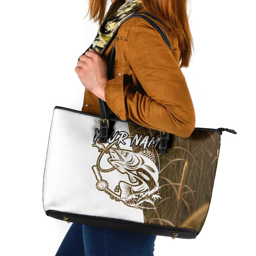 Walleye Fishing Leather Tote Bag with Reeds Background and Custom Name Design - Wonder Print Shop