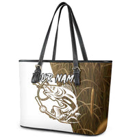 Walleye Fishing Leather Tote Bag with Reeds Background and Custom Name Design - Wonder Print Shop