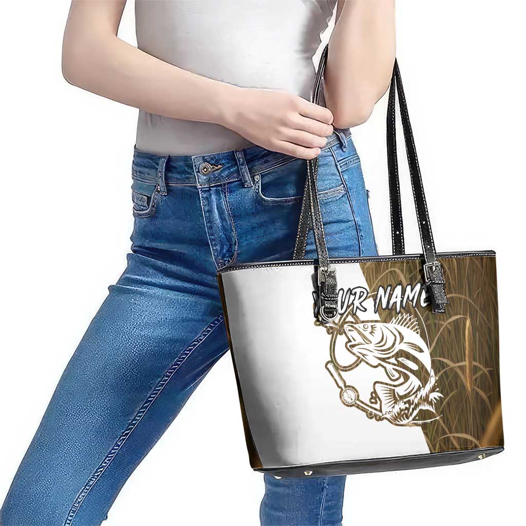 Walleye Fishing Leather Tote Bag with Reeds Background and Custom Name Design - Wonder Print Shop