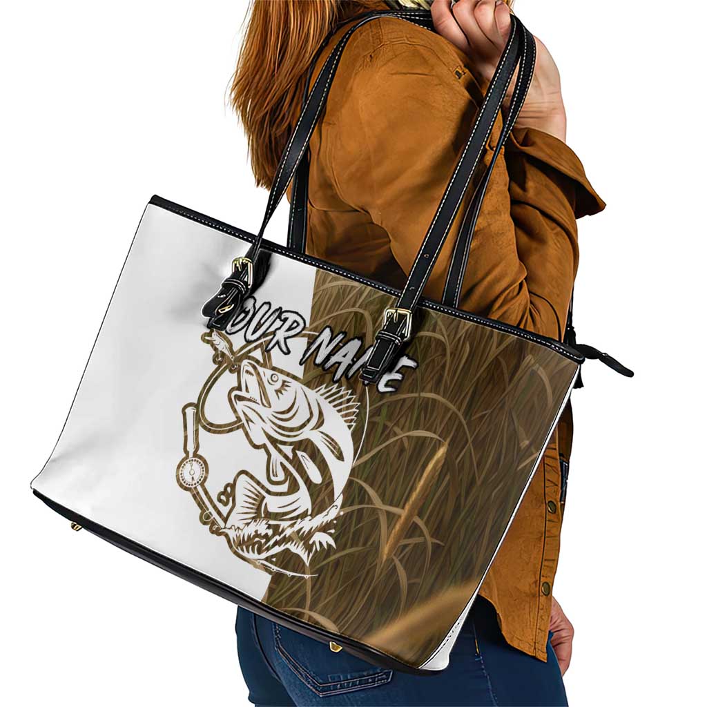 Walleye Fishing Leather Tote Bag with Reeds Background and Custom Name Design - Wonder Print Shop
