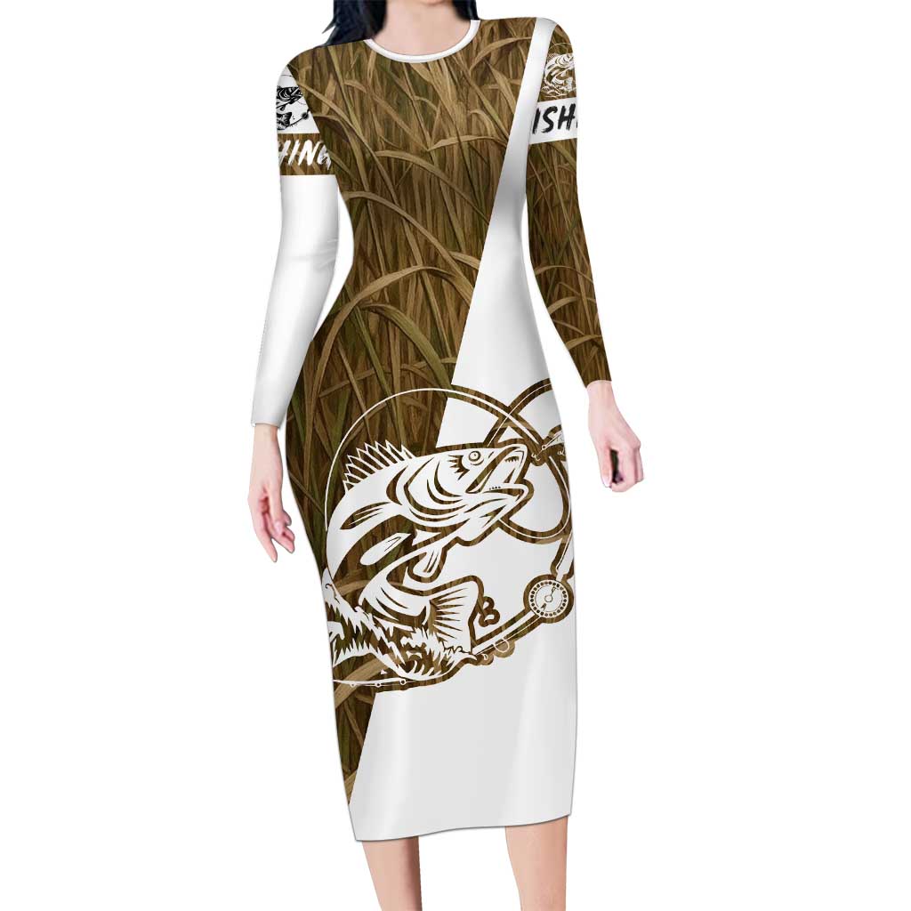 Walleye Fishing Long Sleeve Bodycon Dress with Reeds Background and Custom Name Design - Wonder Print Shop