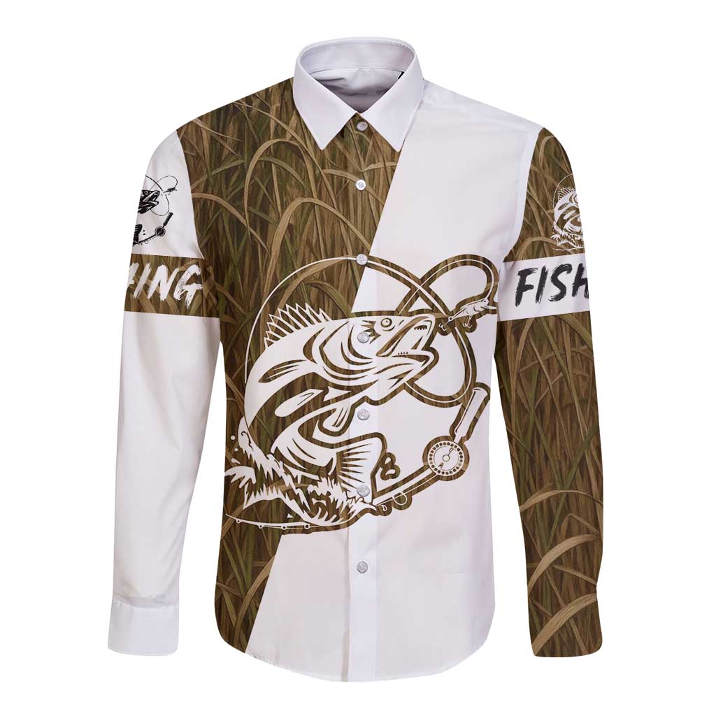 Walleye Fishing Long Sleeve Button Shirt with Reeds Background and Custom Name Design - Wonder Print Shop