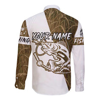 Walleye Fishing Long Sleeve Button Shirt with Reeds Background and Custom Name Design - Wonder Print Shop