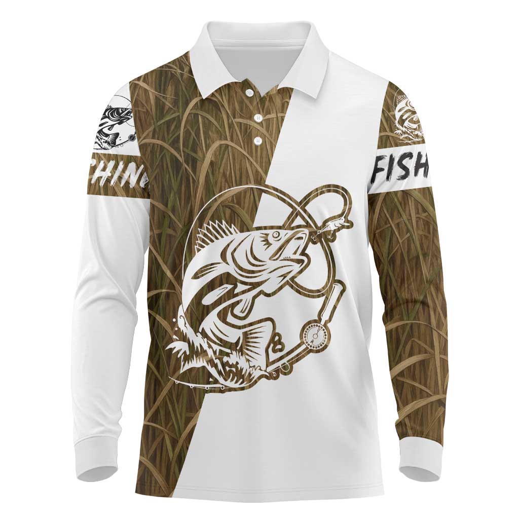 Walleye Fishing Long Sleeve Polo Shirt with Reeds Background and Custom Name Design - Wonder Print Shop