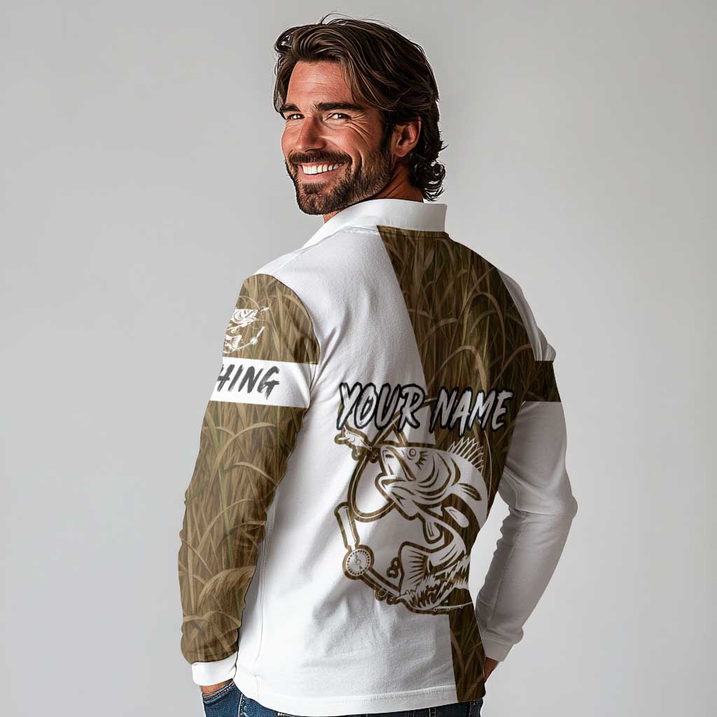 Walleye Fishing Long Sleeve Polo Shirt with Reeds Background and Custom Name Design - Wonder Print Shop