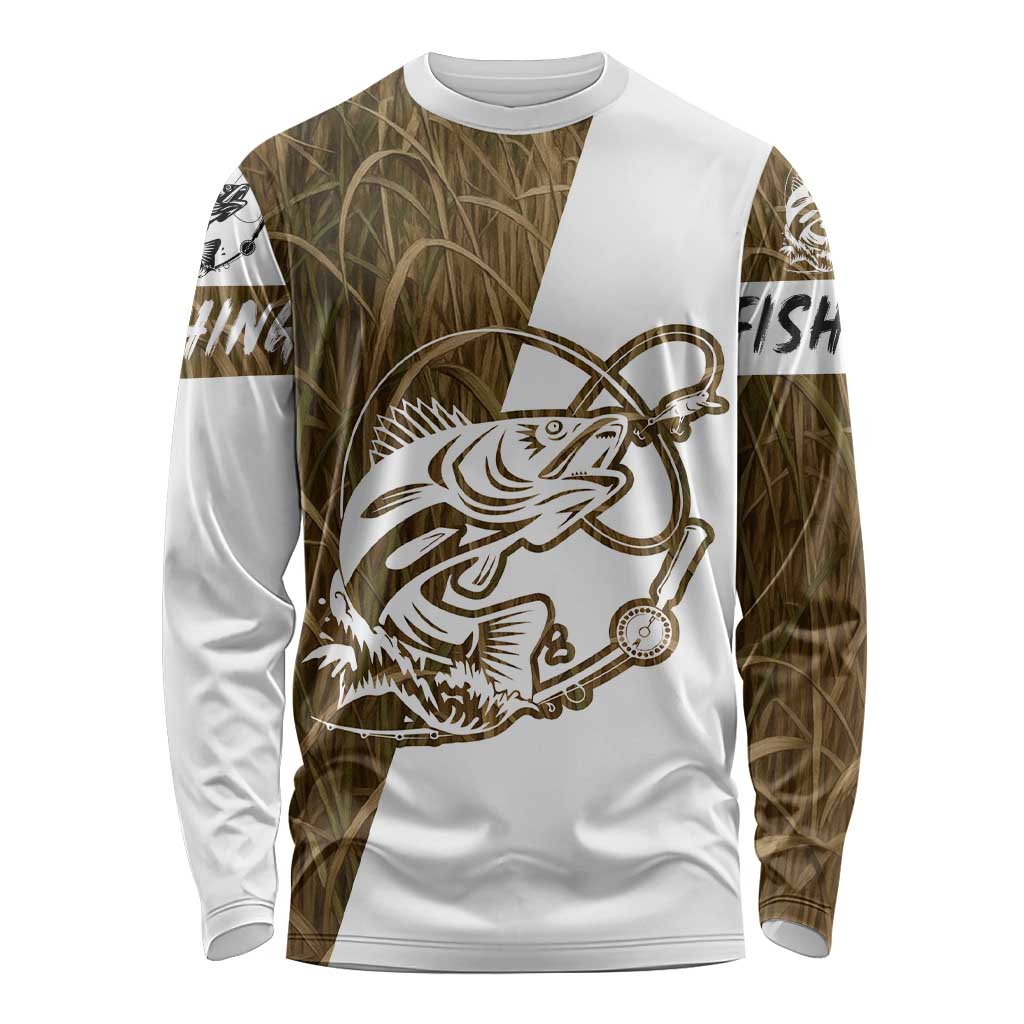 Walleye Fishing Long Sleeve Shirt with Reeds Background and Custom Name Design - Wonder Print Shop