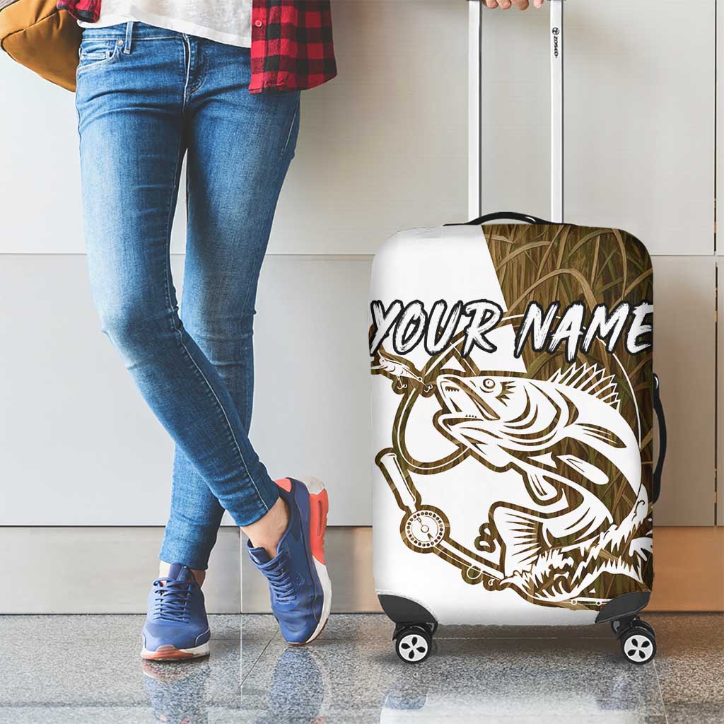 Walleye Fishing Luggage Cover with Reeds Background and Custom Name Design - Wonder Print Shop