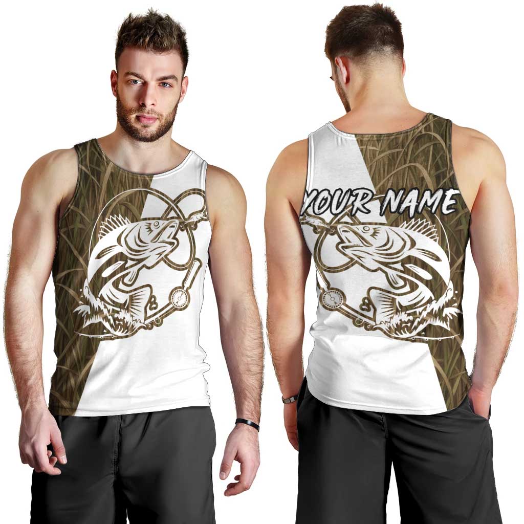 Walleye Fishing Men Tank Top with Reeds Background and Custom Name Design - Wonder Print Shop