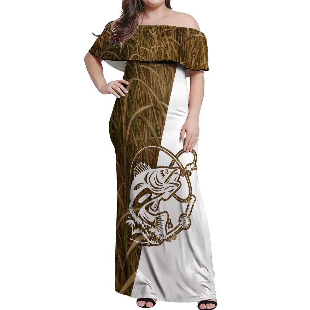Walleye Fishing Off Shoulder Maxi Dress with Reeds Background and Custom Name Design - Wonder Print Shop