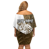 Walleye Fishing Off Shoulder Short Dress with Reeds Background and Custom Name Design - Wonder Print Shop