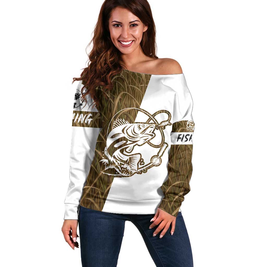 Walleye Fishing Off Shoulder Sweater with Reeds Background and Custom Name Design - Wonder Print Shop