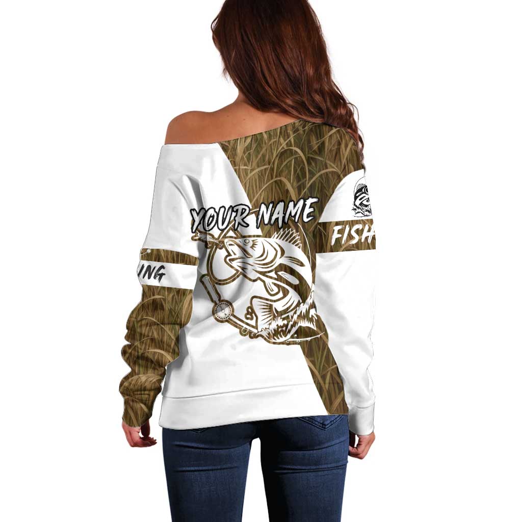 Walleye Fishing Off Shoulder Sweater with Reeds Background and Custom Name Design - Wonder Print Shop