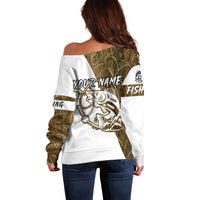 Walleye Fishing Off Shoulder Sweater with Reeds Background and Custom Name Design - Wonder Print Shop