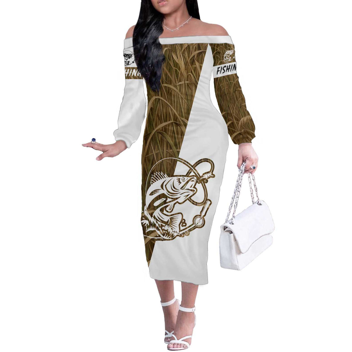 Walleye Fishing Off The Shoulder Long Sleeve Dress with Reeds Background and Custom Name Design - Wonder Print Shop