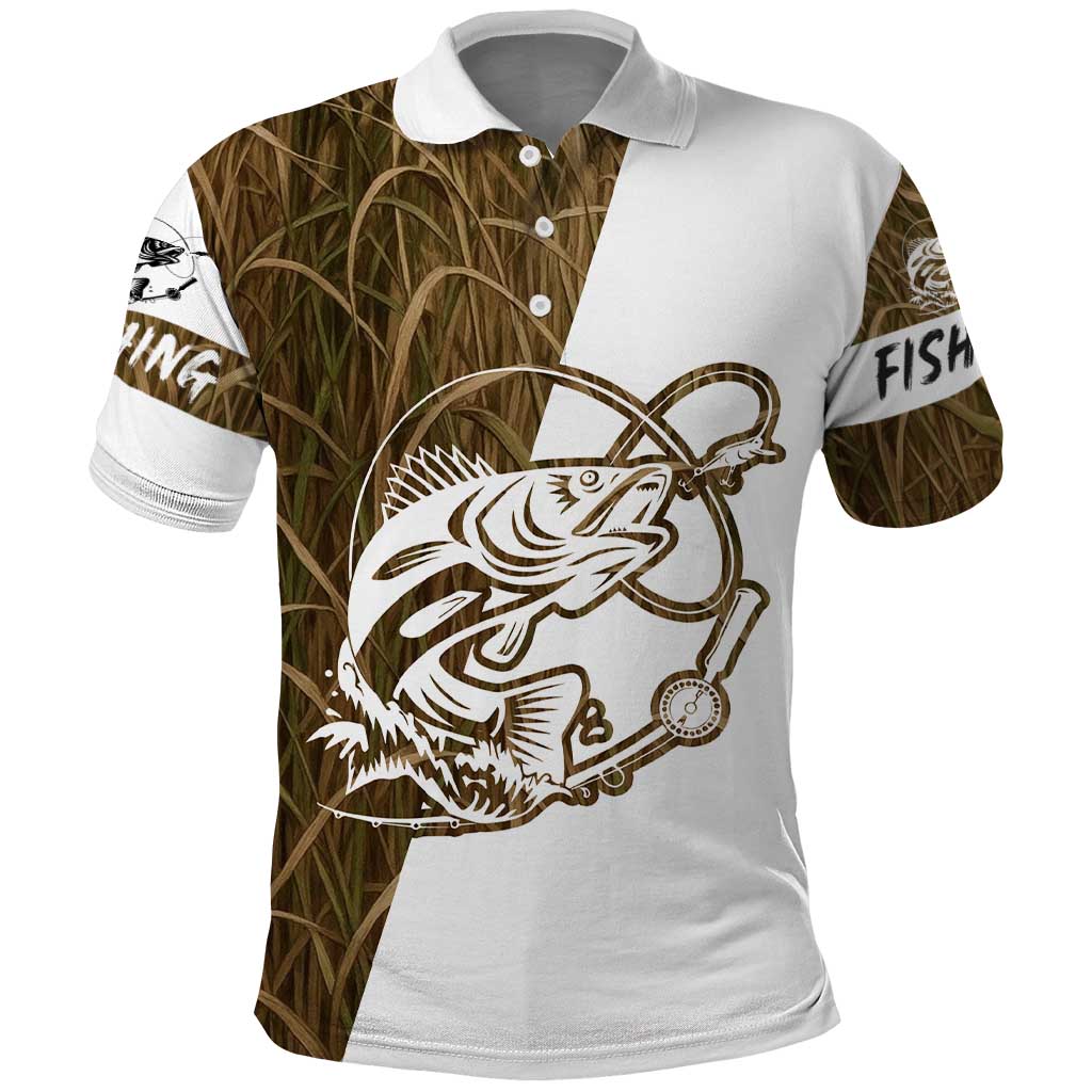 Walleye Fishing Polo Shirt with Reeds Background and Custom Name Design - Wonder Print Shop