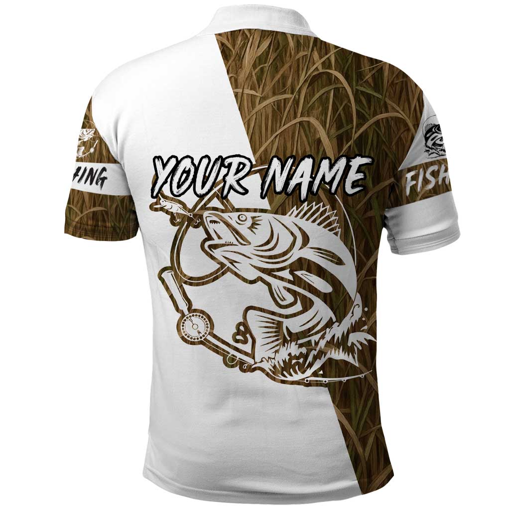 Walleye Fishing Polo Shirt with Reeds Background and Custom Name Design - Wonder Print Shop