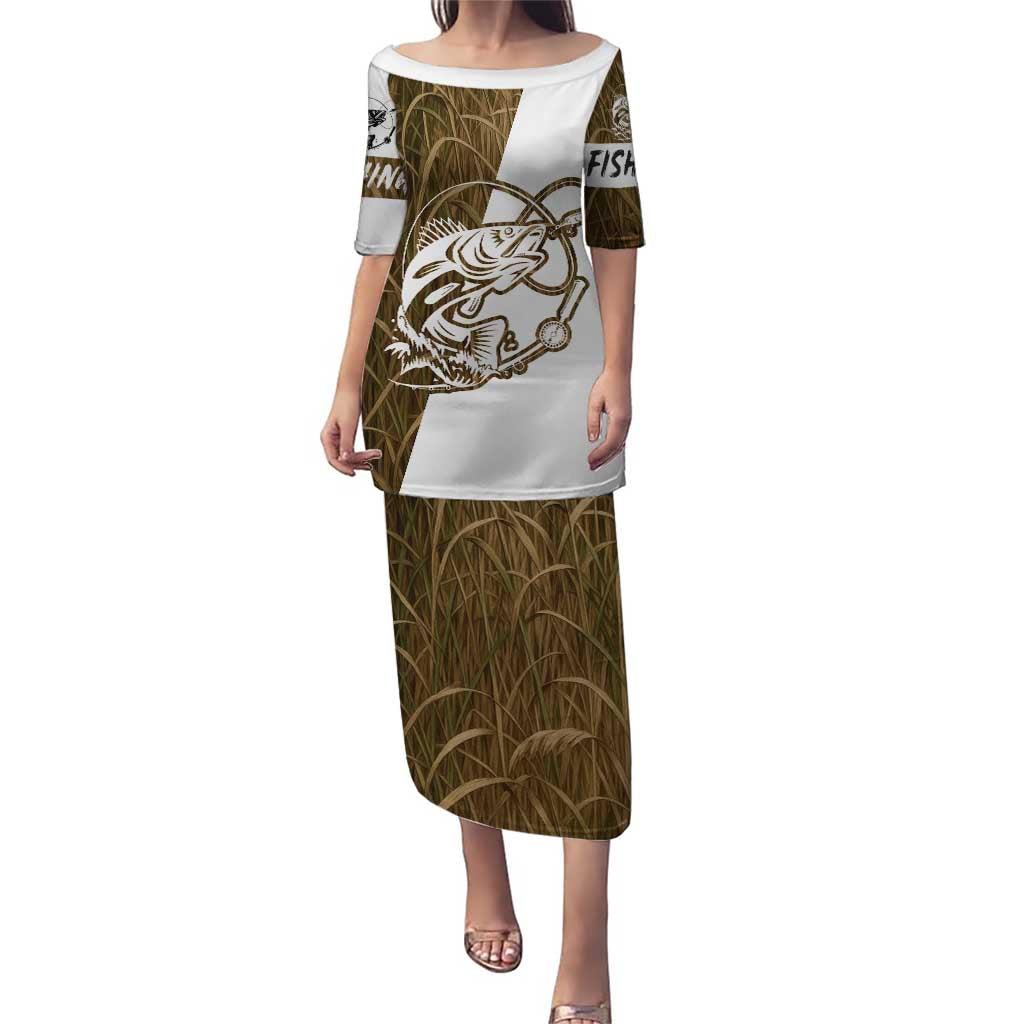 Walleye Fishing Puletasi with Reeds Background and Custom Name Design - Wonder Print Shop