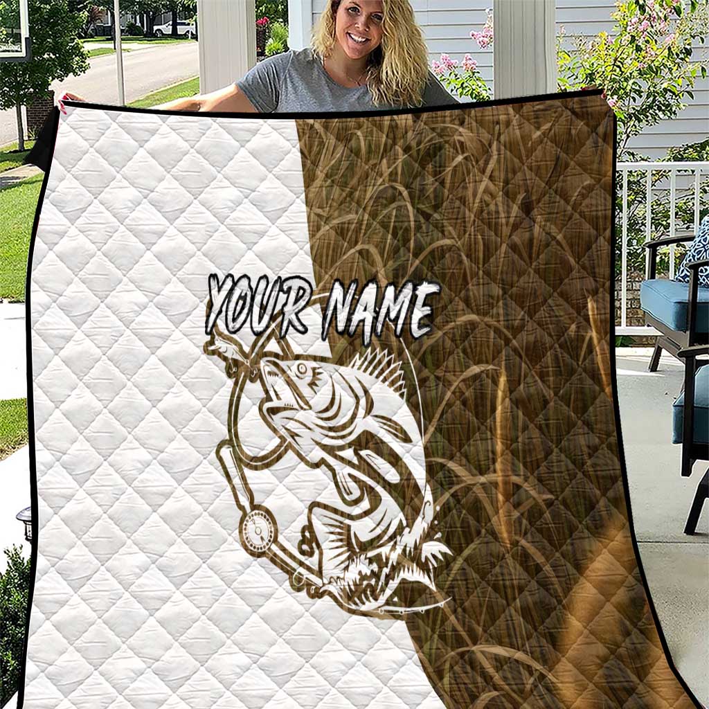 Walleye Fishing Quilt with Reeds Background and Custom Name Design - Wonder Print Shop