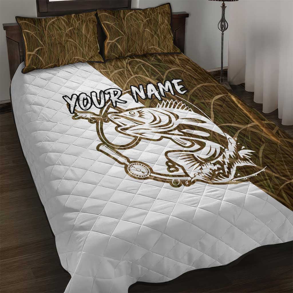 Walleye Fishing Quilt Bed Set with Reeds Background and Custom Name Design - Wonder Print Shop