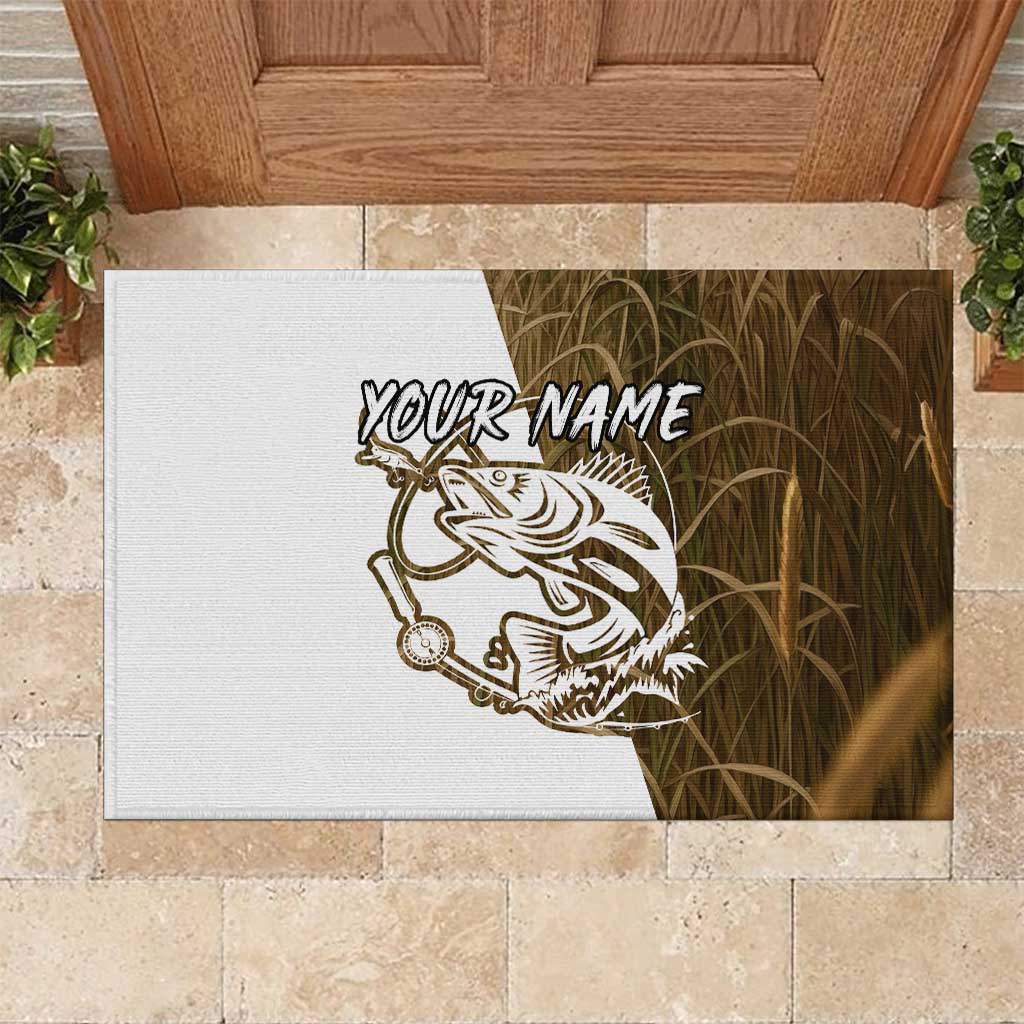 Walleye Fishing Rubber Doormat with Reeds Background and Custom Name Design - Wonder Print Shop