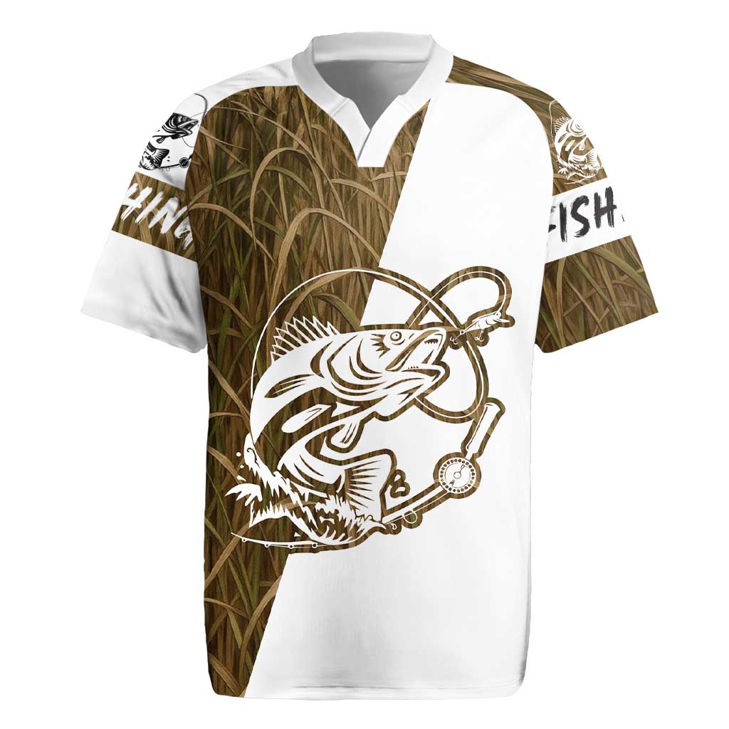 Walleye Fishing Rugby Jersey with Reeds Background and Custom Name Design - Wonder Print Shop