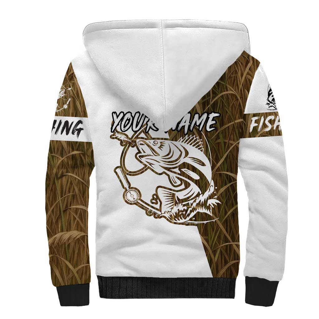 Walleye Fishing Sherpa Hoodie with Reeds Background and Custom Name Design - Wonder Print Shop