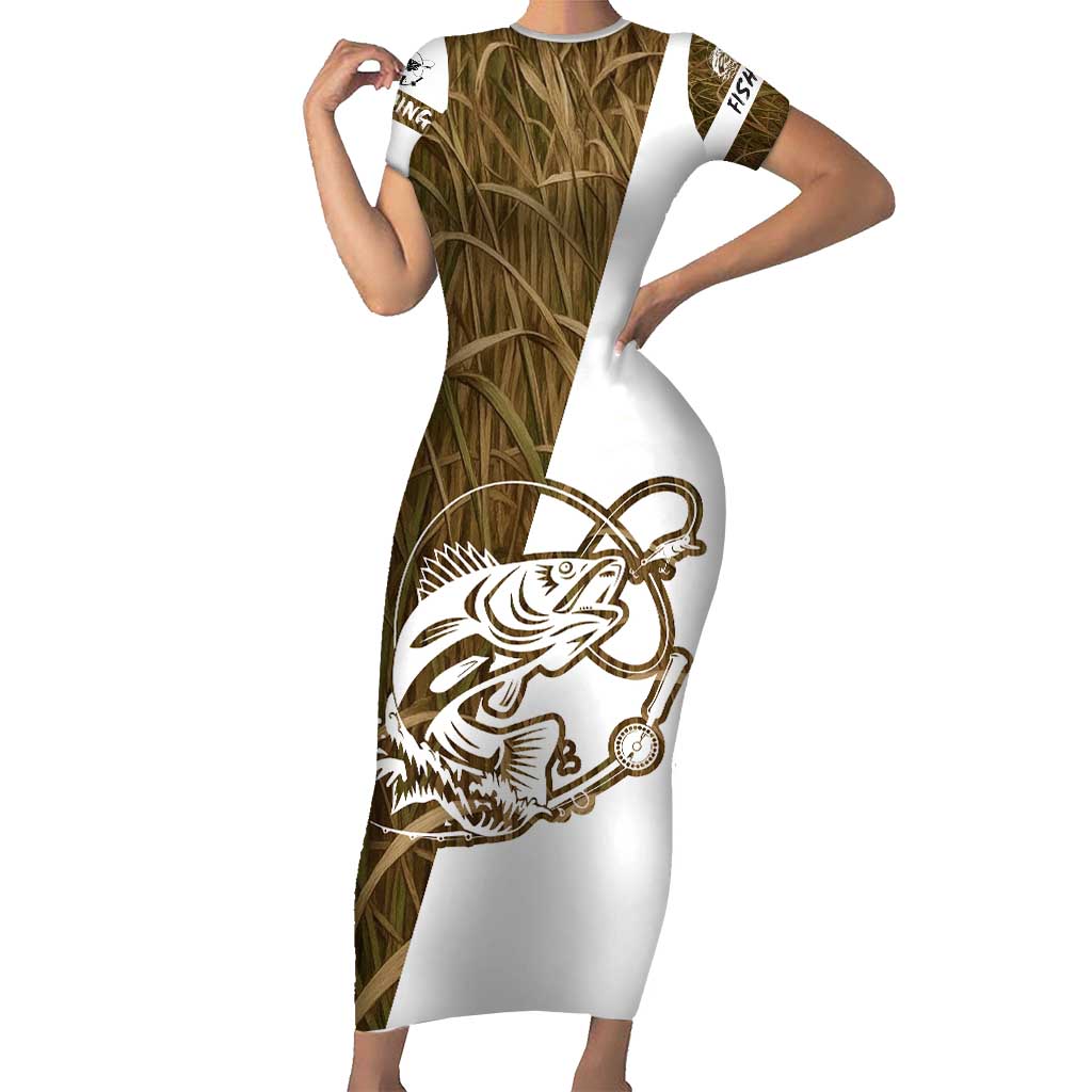 Walleye Fishing Short Sleeve Bodycon Dress with Reeds Background and Custom Name Design - Wonder Print Shop