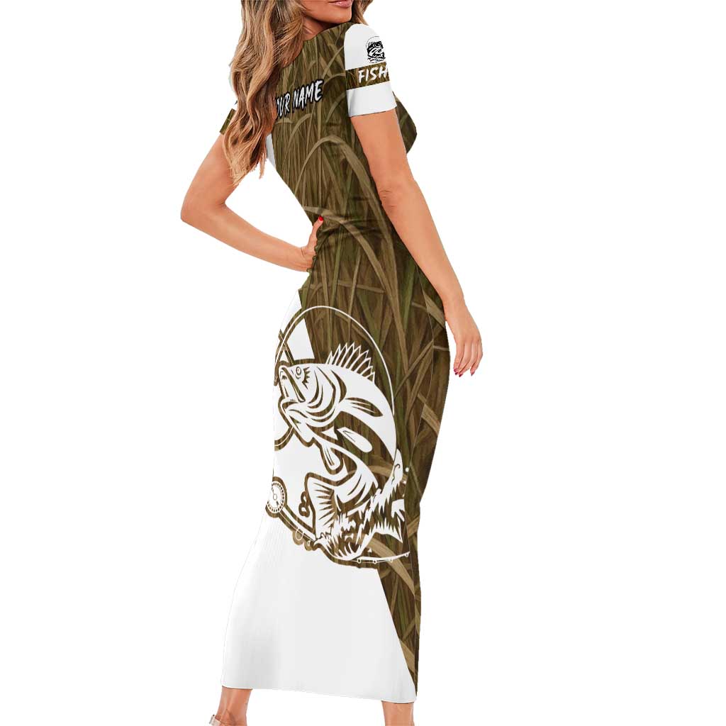 Walleye Fishing Short Sleeve Bodycon Dress with Reeds Background and Custom Name Design - Wonder Print Shop