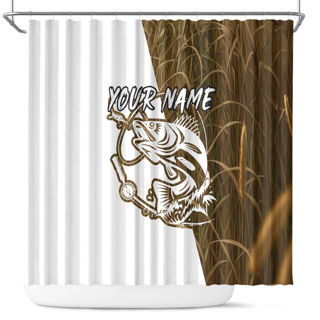 Walleye Fishing Shower Curtain with Reeds Background and Custom Name Design - Wonder Print Shop