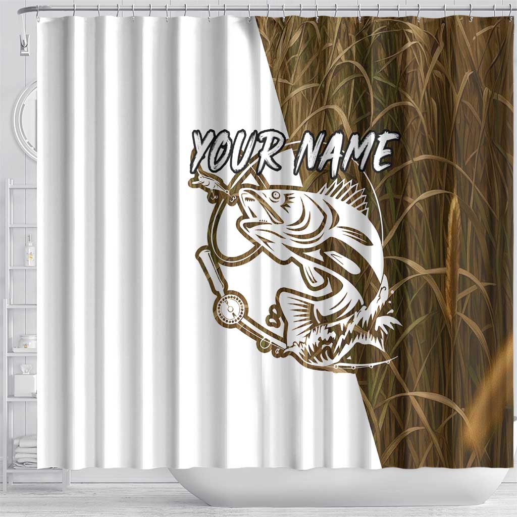 Walleye Fishing Shower Curtain with Reeds Background and Custom Name Design - Wonder Print Shop