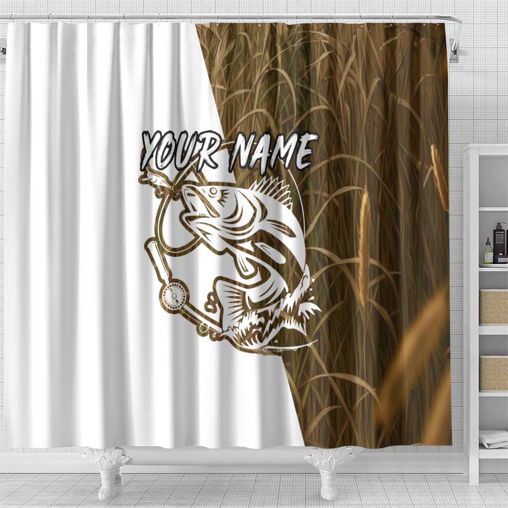 Walleye Fishing Shower Curtain with Reeds Background and Custom Name Design - Wonder Print Shop