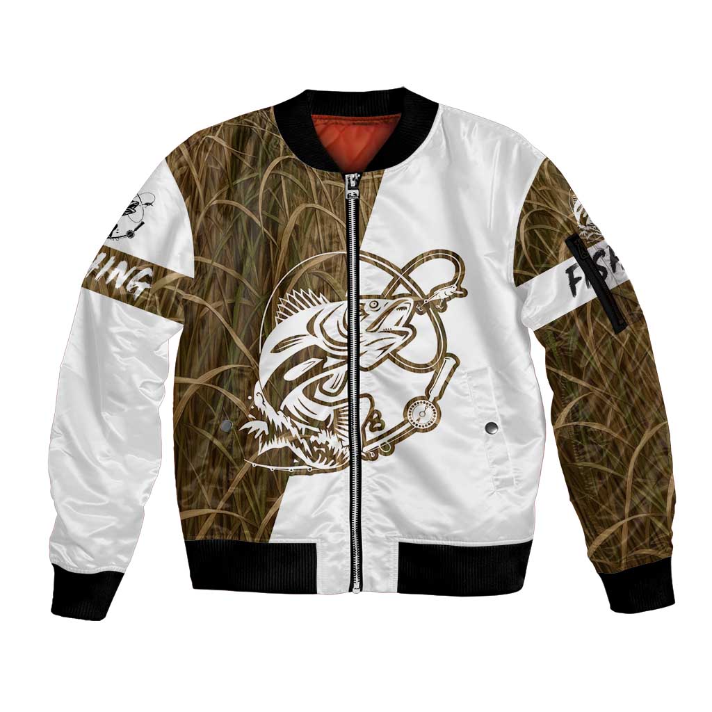 Walleye Fishing Sleeve Zip Bomber Jacket with Reeds Background and Custom Name Design - Wonder Print Shop