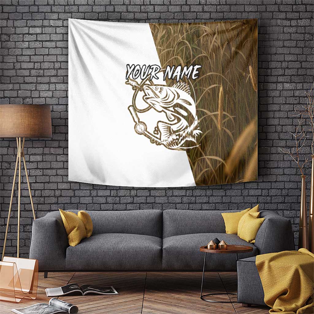 Walleye Fishing Tapestry with Reeds Background and Custom Name Design - Wonder Print Shop