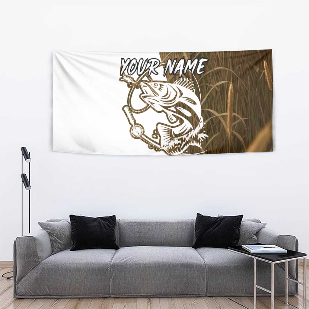 Walleye Fishing Tapestry with Reeds Background and Custom Name Design - Wonder Print Shop