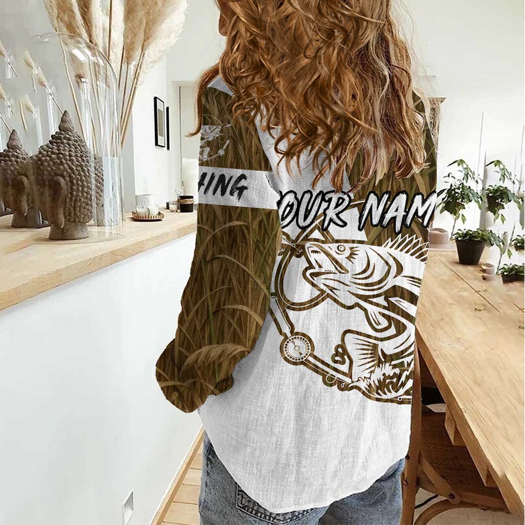 Walleye Fishing Women Casual Shirt with Reeds Background and Custom Name Design - Wonder Print Shop