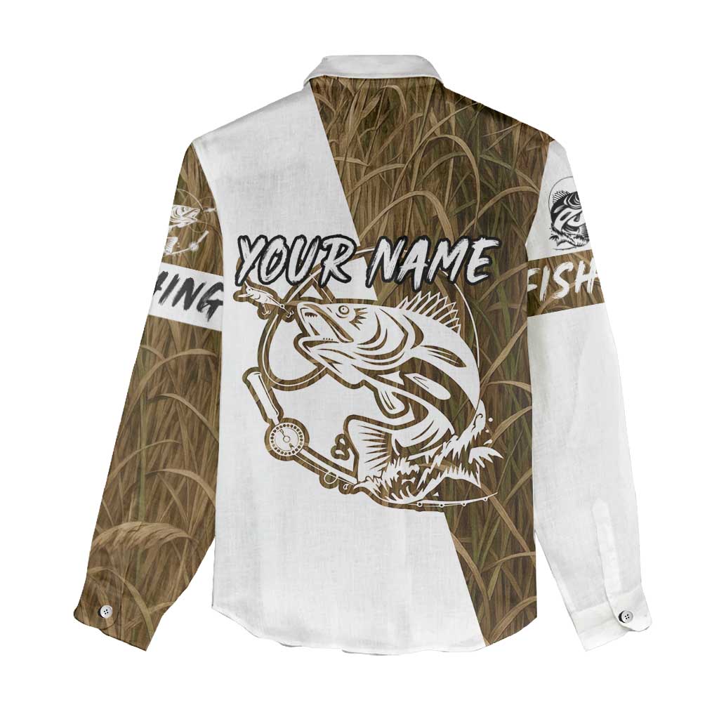 Walleye Fishing Women Casual Shirt with Reeds Background and Custom Name Design - Wonder Print Shop