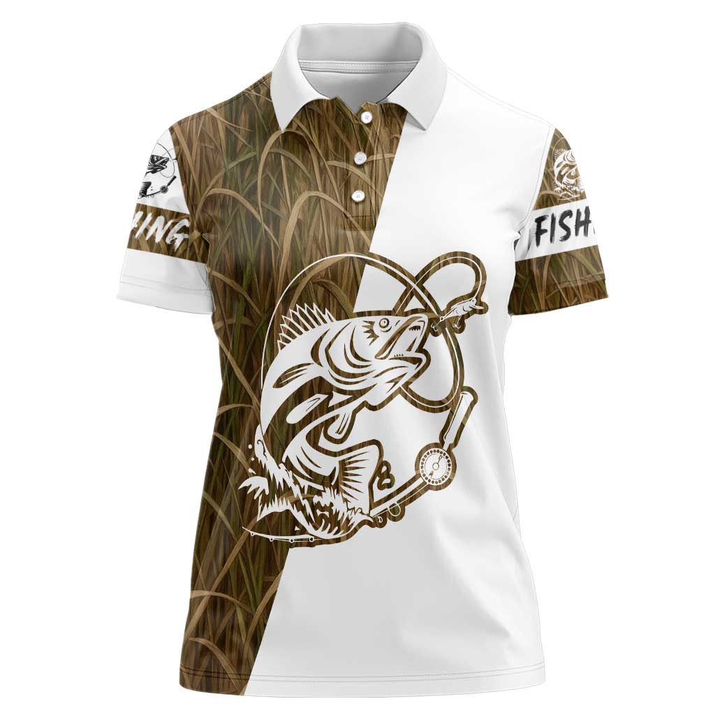 Walleye Fishing Women Polo Shirt with Reeds Background and Custom Name Design - Wonder Print Shop