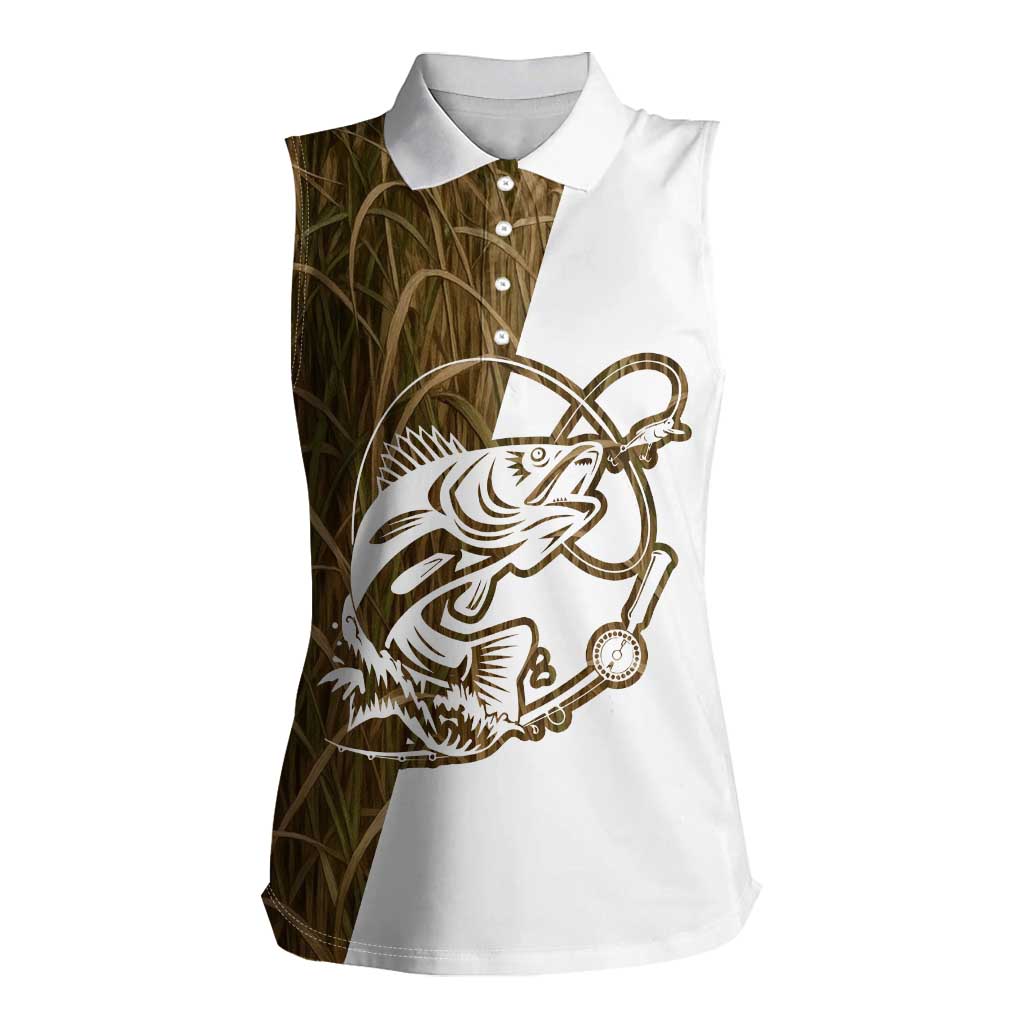 Walleye Fishing Women Sleeveless Polo Shirt with Reeds Background and Custom Name Design - Wonder Print Shop