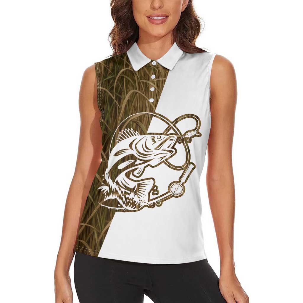 Walleye Fishing Women Sleeveless Polo Shirt with Reeds Background and Custom Name Design - Wonder Print Shop