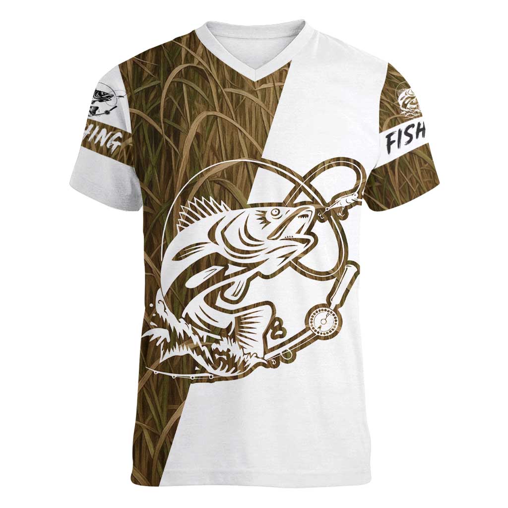 Walleye Fishing Women V-Neck T-Shirt with Reeds Background and Custom Name Design - Wonder Print Shop