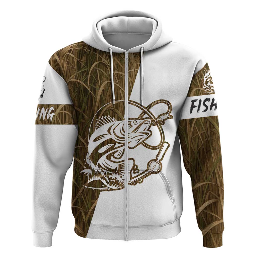 Walleye Fishing Zip Hoodie with Reeds Background and Custom Name Design - Wonder Print Shop