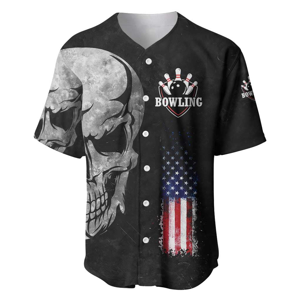 Bowling Skull Baseball Jersey with American Flag and Custom Name Text Design - Wonder Print Shop