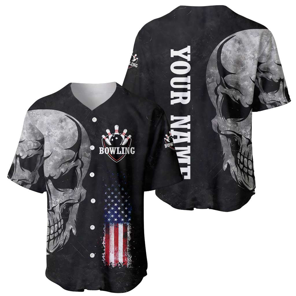 Bowling Skull Baseball Jersey with American Flag and Custom Name Text Design - Wonder Print Shop