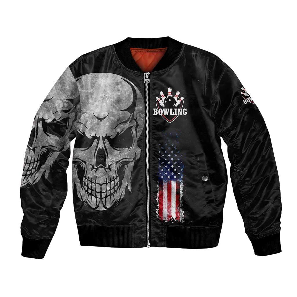 Bowling Skull Bomber Jacket with American Flag and Custom Name Text Design - Wonder Print Shop