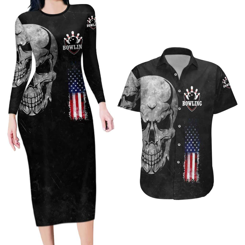 Bowling Skull Couples Matching Long Sleeve Bodycon Dress and Hawaiian Shirt with American Flag and Custom Name Text Design - Wonder Print Shop